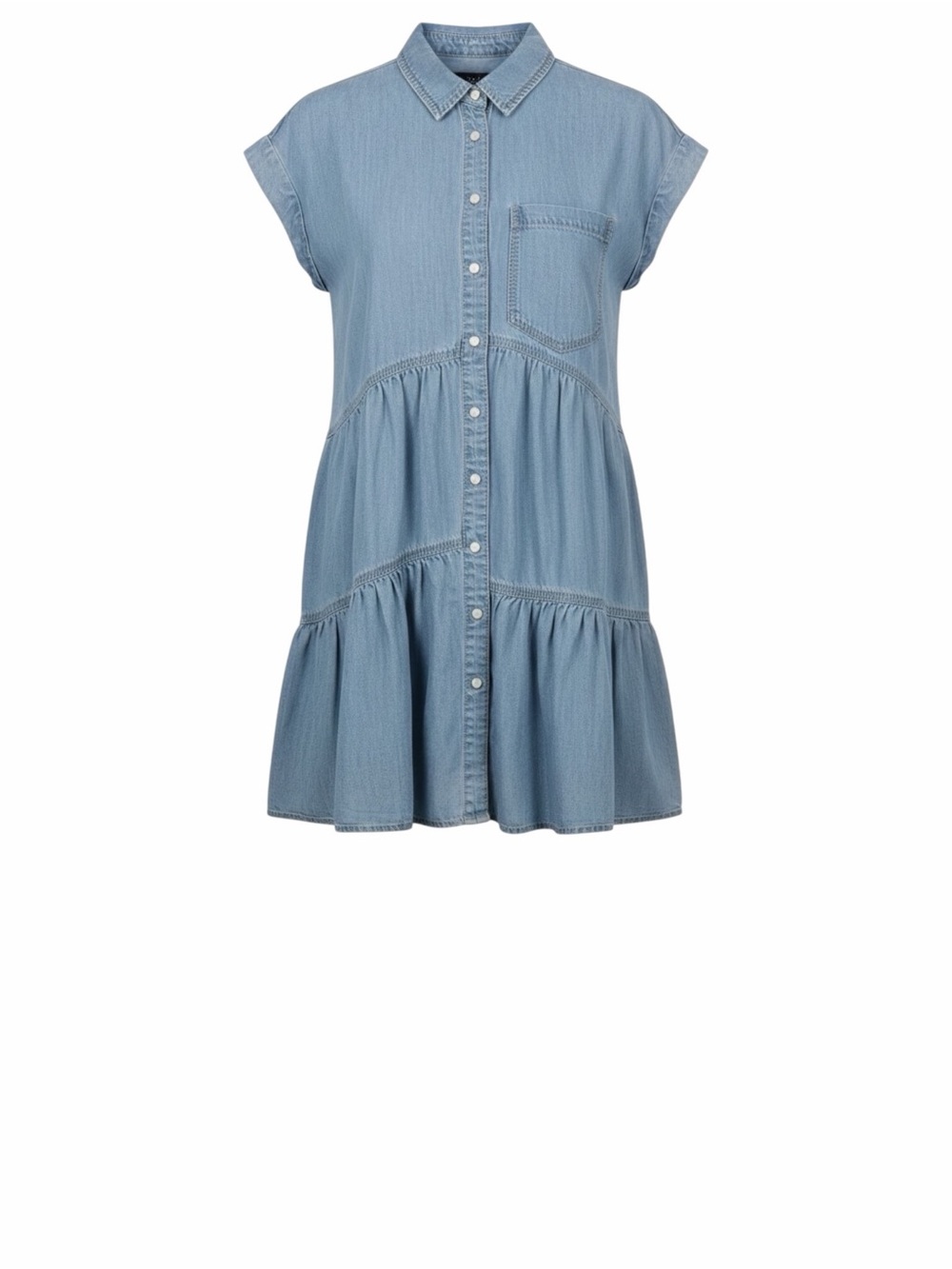 Veronica Beard Harrow Cotton Chambray Cap Sleeve Snap Tiered Mini Shirt Dress 2